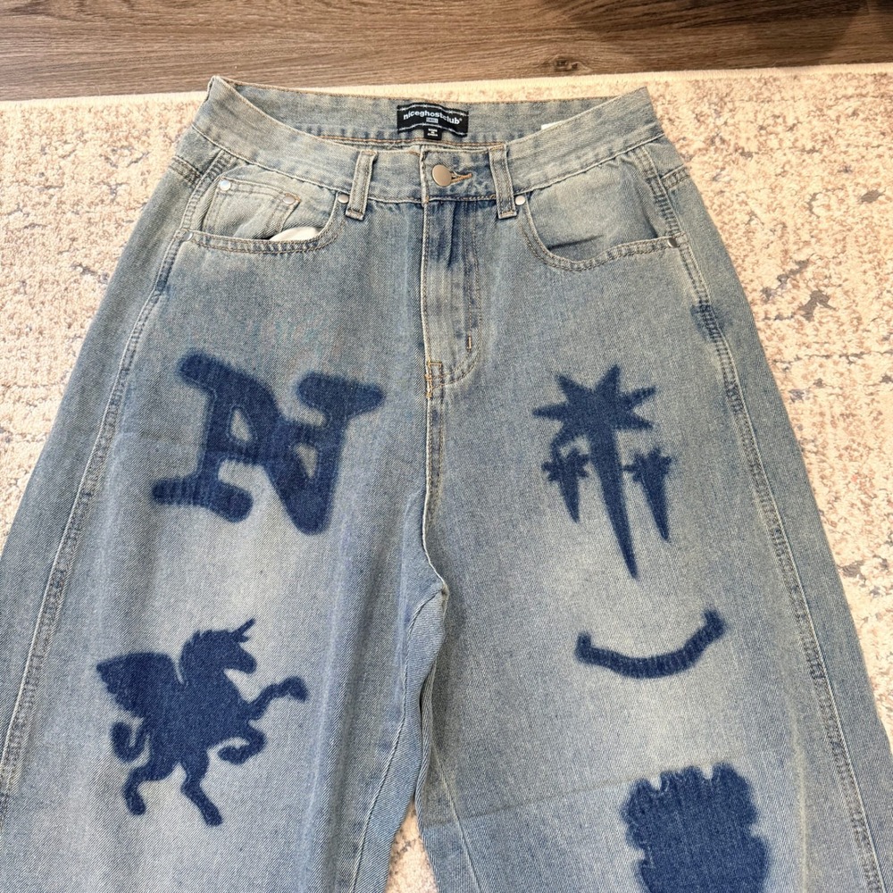 Aland Nice Ghost Club Big Wide Washed Emblem Jeans‎ Blue Baggy Wide Leg Small - Picture 2 of 6